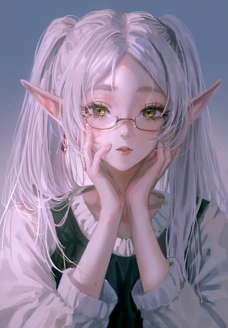 白发精灵手机壁纸｜渐变蓝背景图片 - 眼镜少女「哲风壁纸」