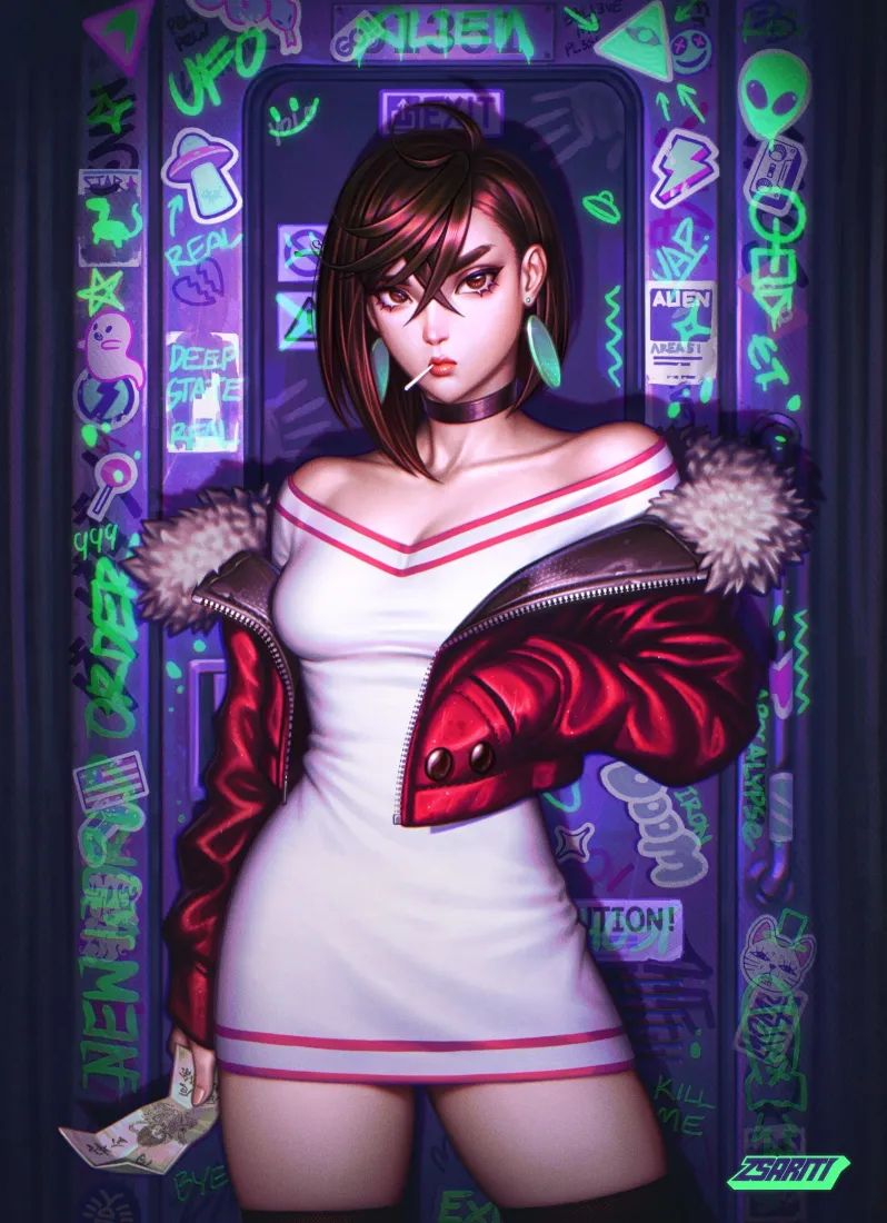 拽酷二次元美女手机壁纸｜赛博霓虹背景图片 - 夜晚「哲风壁纸」