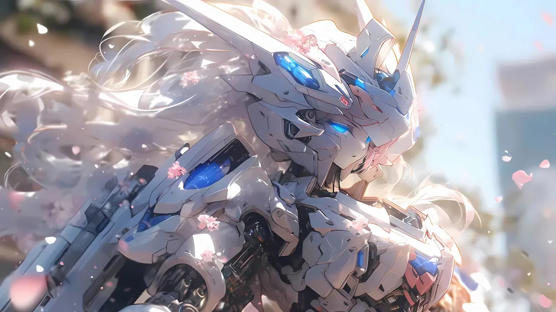 4k机甲少女壁纸｜樱花花瓣背景图片 - 白色机甲「哲风壁纸」