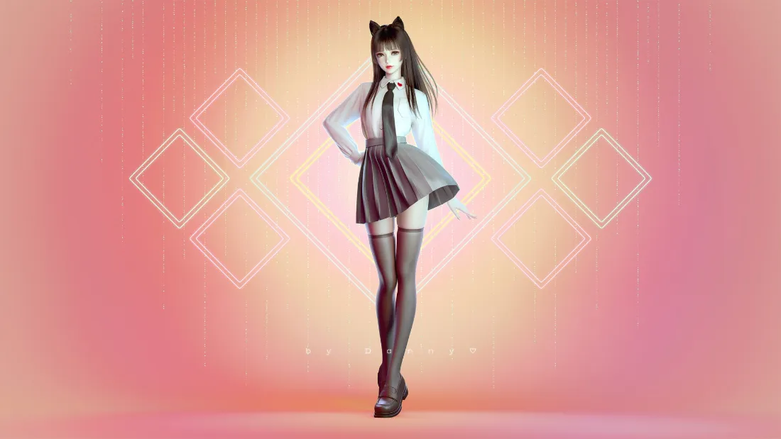 2k猫耳黑丝少女壁纸｜渐变暖调背景图片 - JK制服「哲风壁纸」