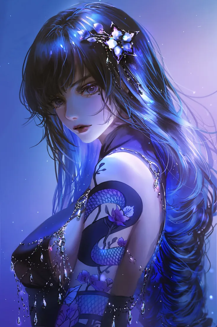 紫发少女手机壁纸｜蓝紫渐变背景图片 - 纹身少女「哲风壁纸」