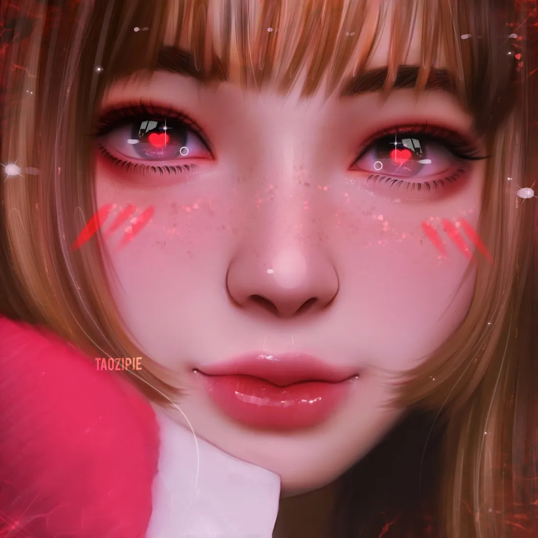 红心眼眸少女手机壁纸｜粉红背景图片 - 心动脸红「哲风壁纸」