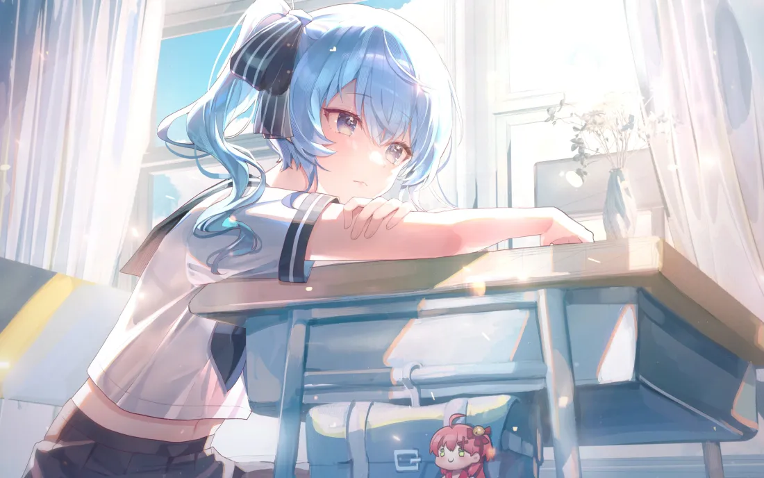 4k蓝发少女壁纸｜教室背景图片 - 二次元「哲风壁纸」