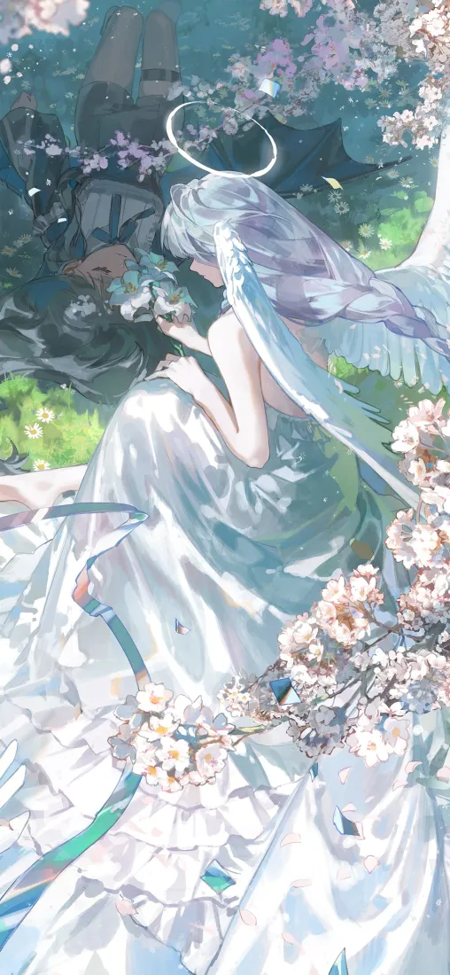 天使少女手机壁纸｜绿荫樱花背景图片 - 洁白二次元「哲风壁纸」