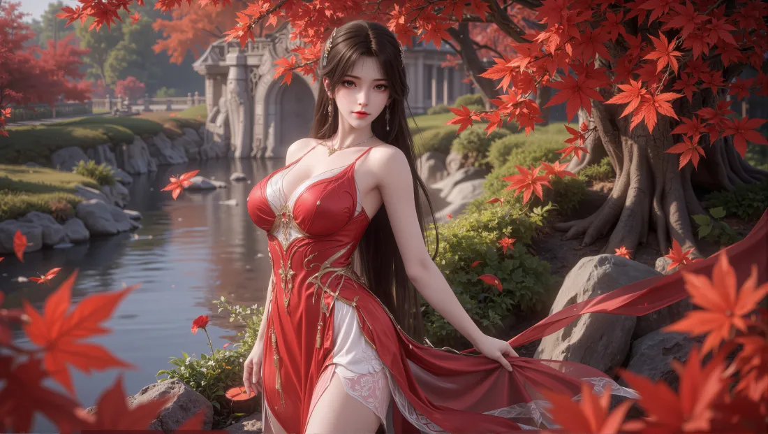 4k火灵儿完美世界壁纸｜红枫溪流背景图片 - 红衣美女「哲风壁纸」