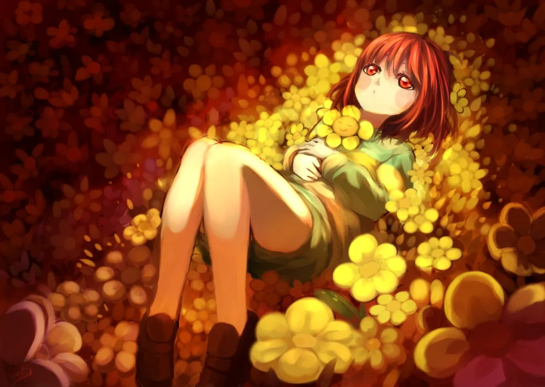2k红发美少女壁纸｜黄花花丛背景图片 - 暖调动漫「哲风壁纸」