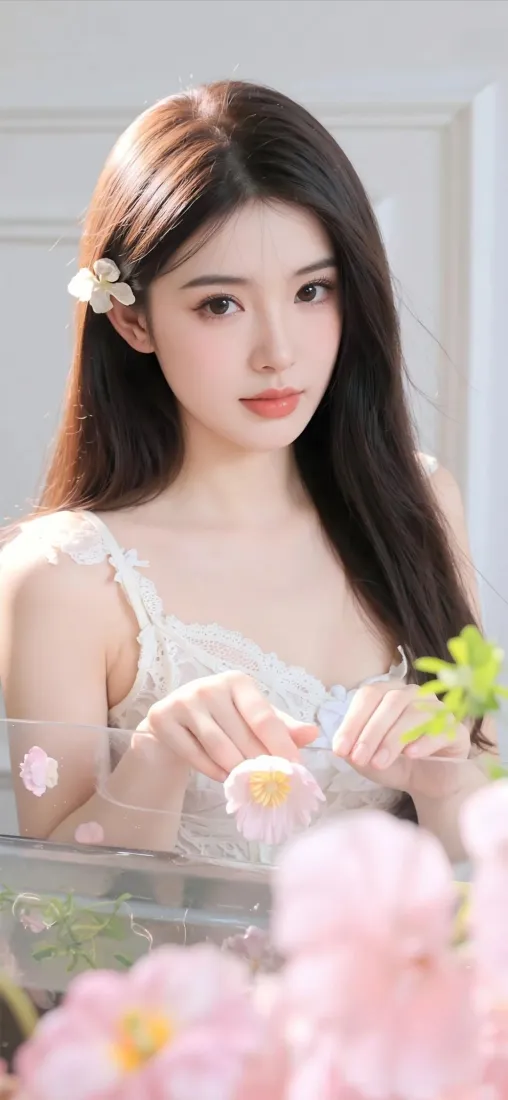长发美女手机壁纸｜粉色鲜花背景图片 - 清新「哲风壁纸」