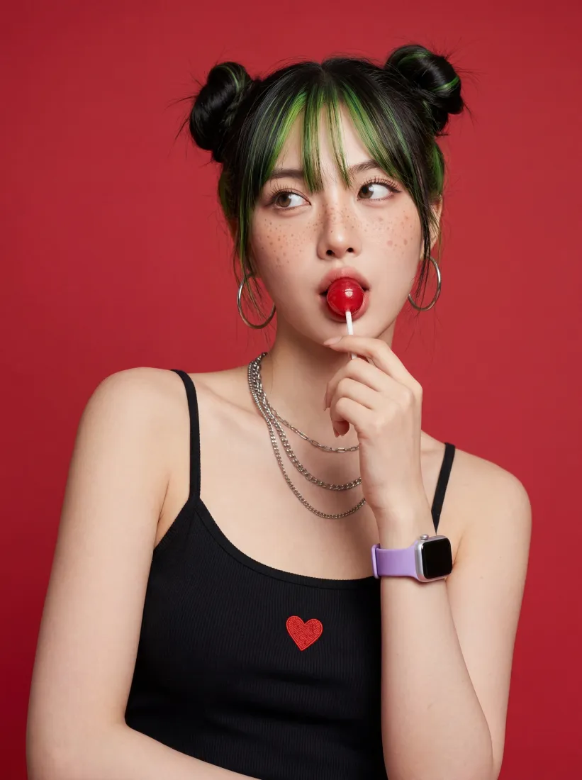甜酷少女手机壁纸｜红色背景图片 - 棒棒糖造型「哲风壁纸」