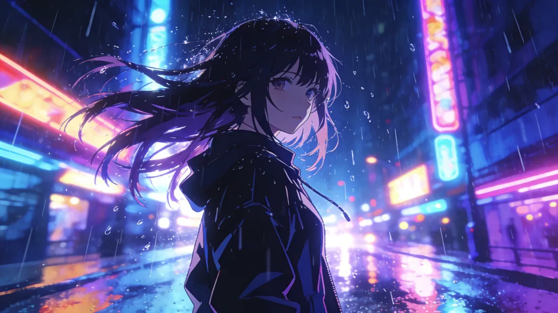 3k赛博朋克壁纸｜雨中都市背景图片 - 二次元少女「哲风壁纸」