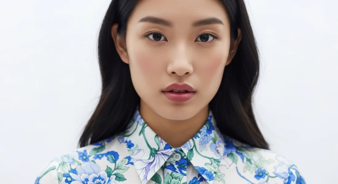 3k东方女性人像壁纸｜简约纯色背景图片 - 碎花衬衫「哲风壁纸」