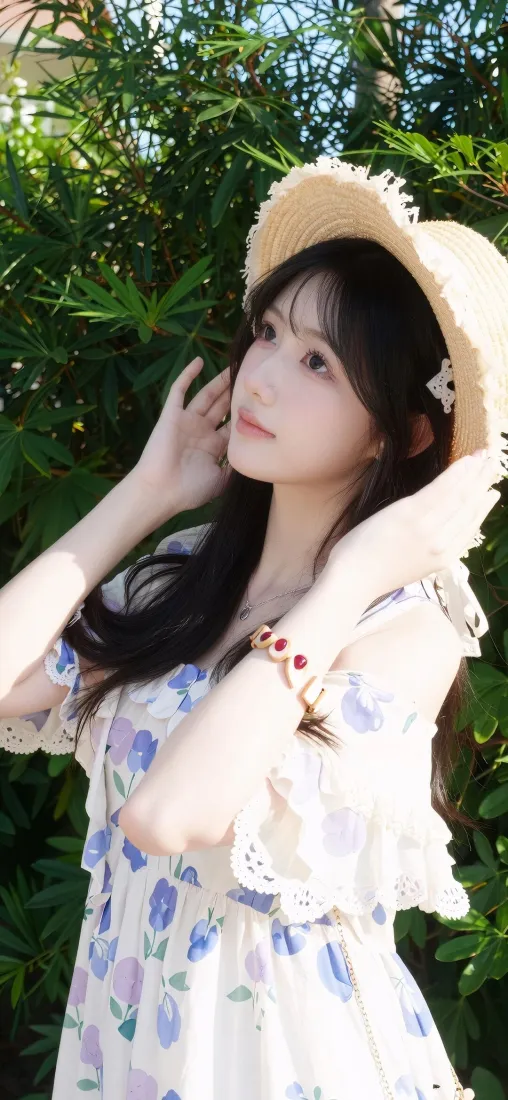 清新美女手机壁纸｜绿植背景图片 - 夏日休闲穿搭「哲风壁纸」