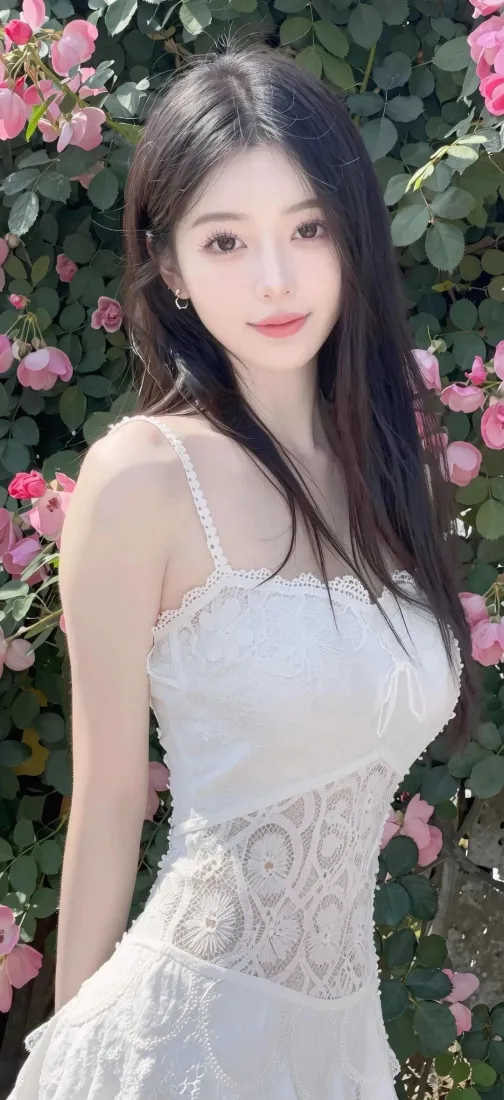 长发美女手机壁纸｜蔷薇花丛背景图片 - 清新养眼「哲风壁纸」