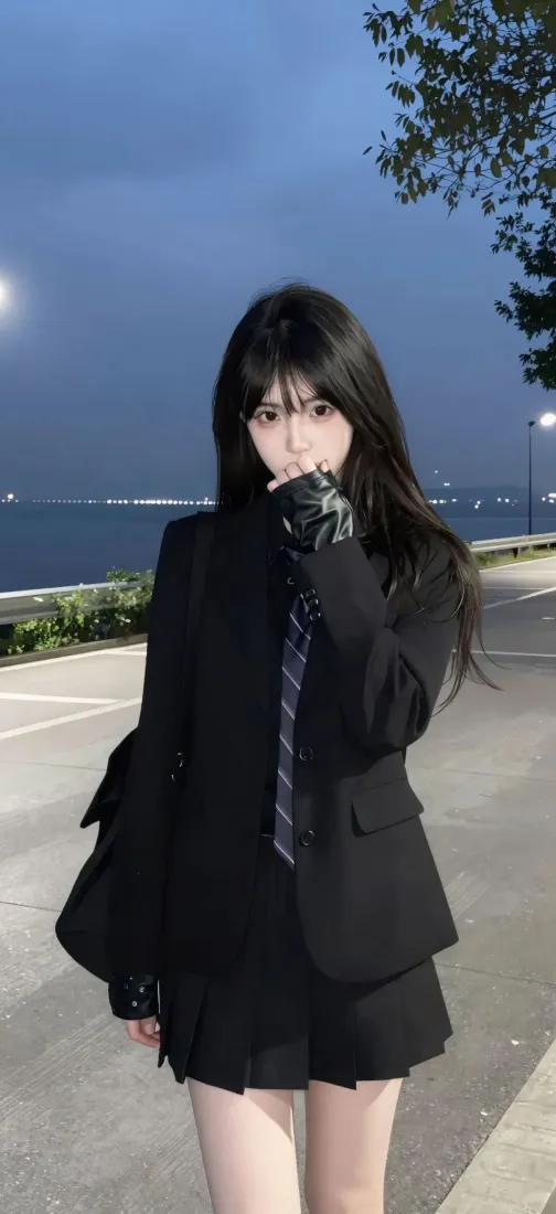 酷感美女手机壁纸｜傍晚江边背景图片 - 黑系穿搭「哲风壁纸」