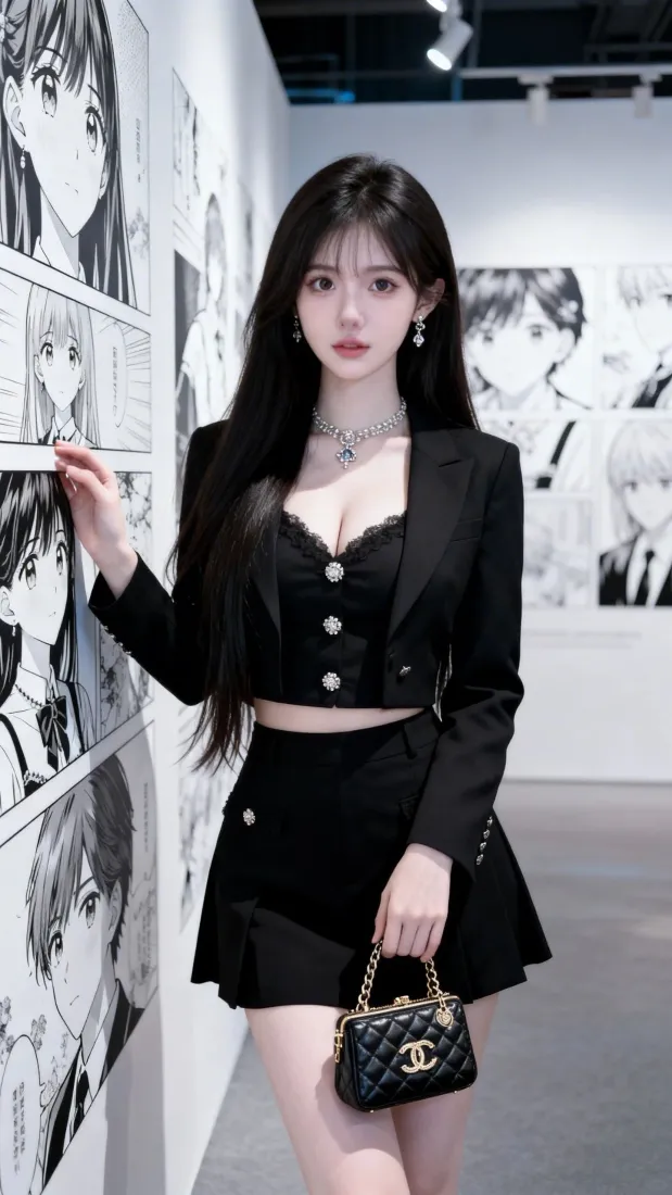 黑衣美女手机壁纸｜艺术馆背景图片 - 气质女神「哲风壁纸」