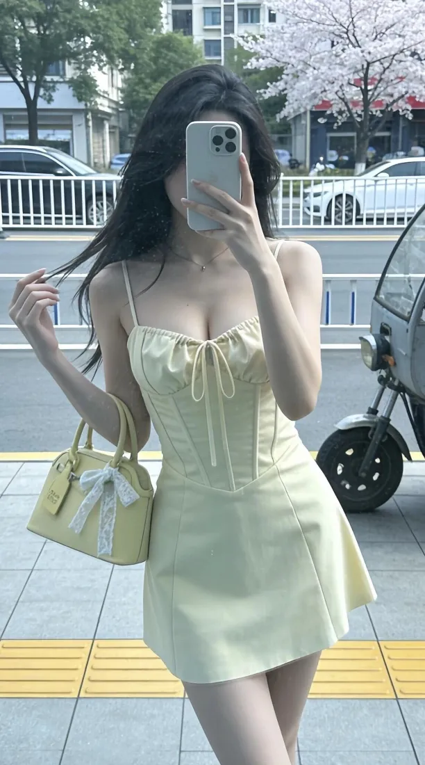 浅黄吊带美女手机壁纸｜街头街拍背景图片 - 对镜自拍「哲风壁纸」