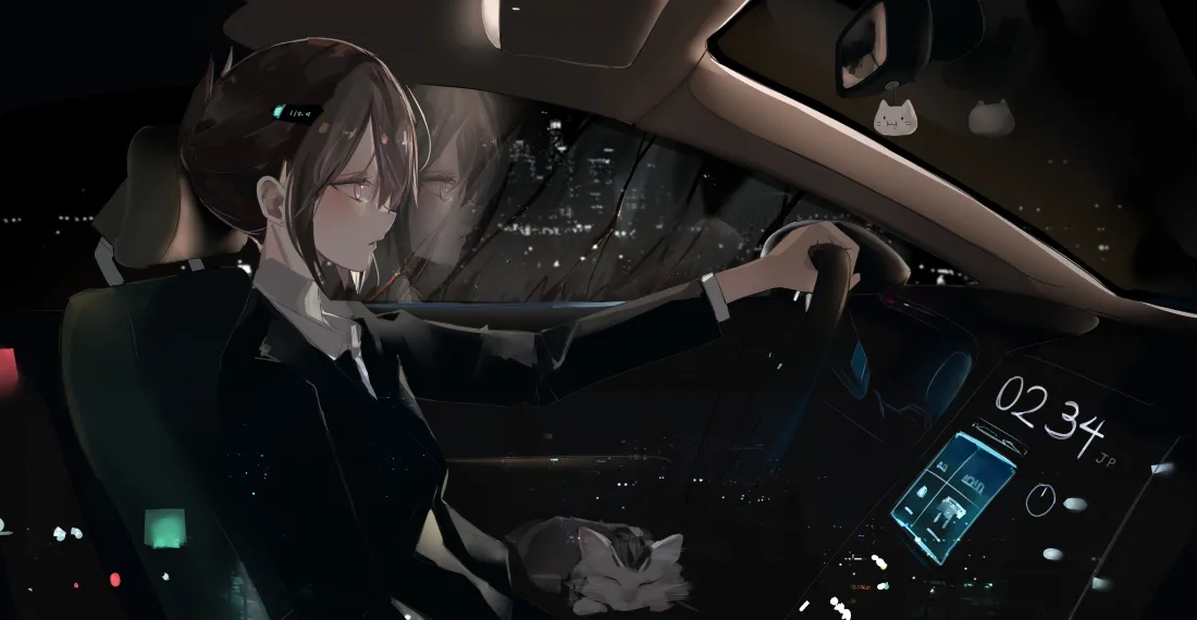 3k二次元少女壁纸｜车内背景图片 - 夜间开车「哲风壁纸」