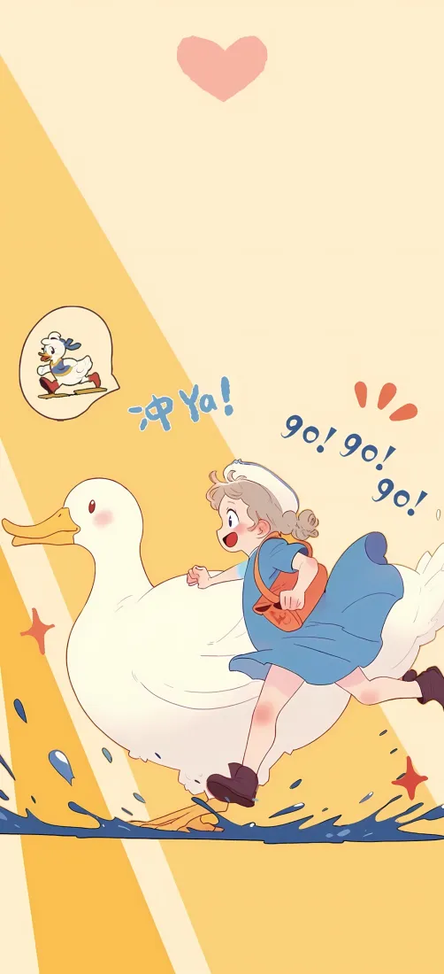 女孩与鸭子手机壁纸｜童趣画风背景图片 - 元气冲鸭「哲风壁纸」