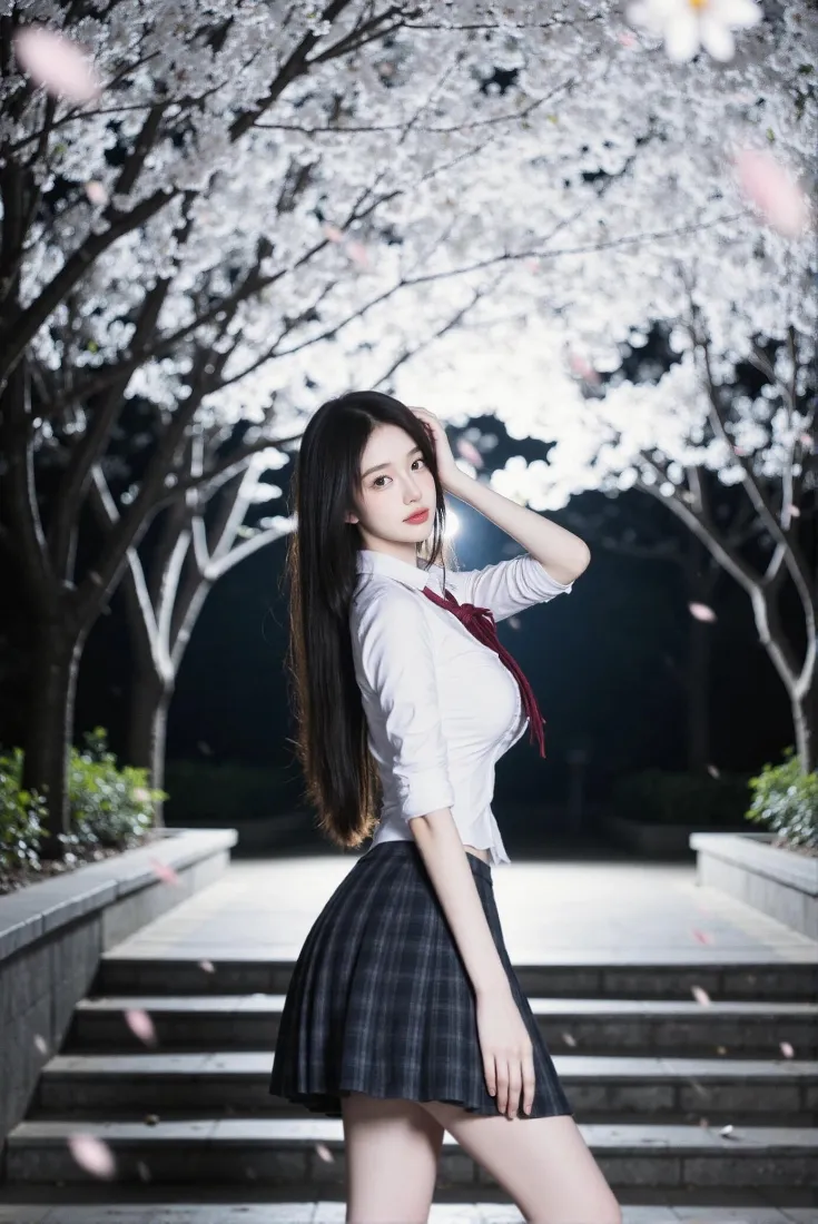 JK少女手机壁纸｜手机背景图片 - 夜下樱花「哲风壁纸」
