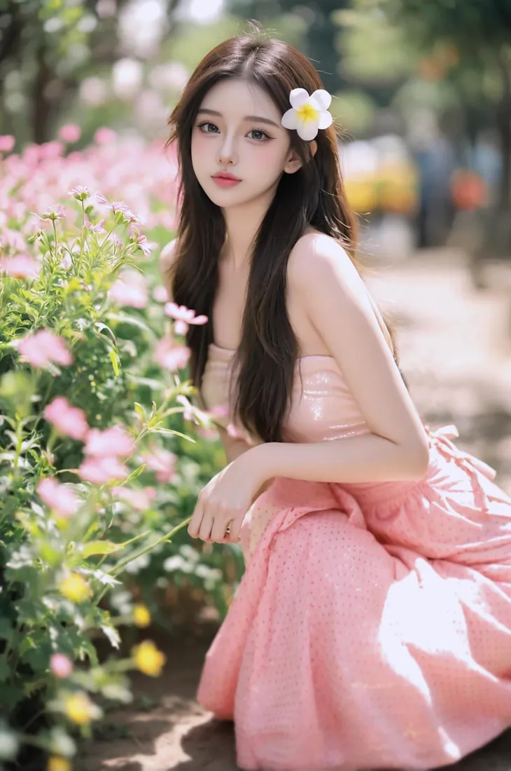 美女手机壁纸｜花园背景图片 - 粉裙少女「哲风壁纸」