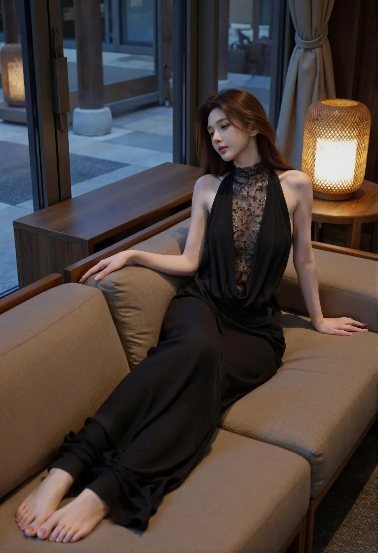 黑色挂脖裙美女手机壁纸｜室内背景图片 - 优雅御姐「哲风壁纸」