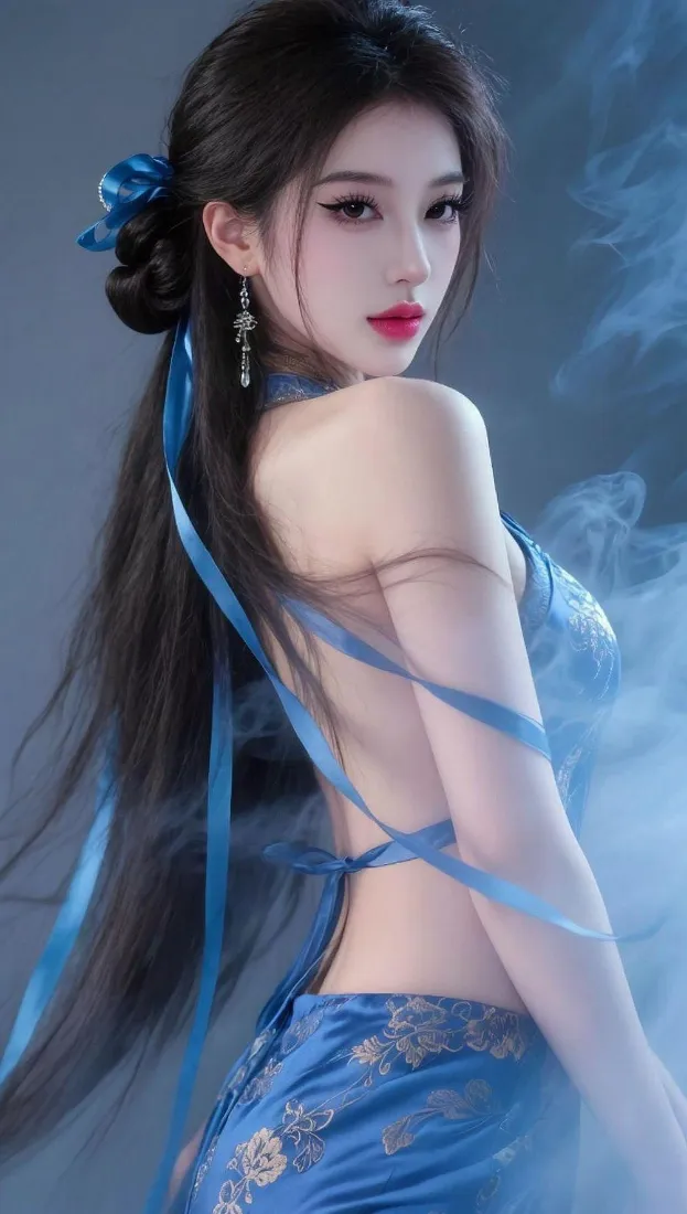 古风蓝衣美女手机壁纸｜手机背景图片 - 性感露背「哲风壁纸」