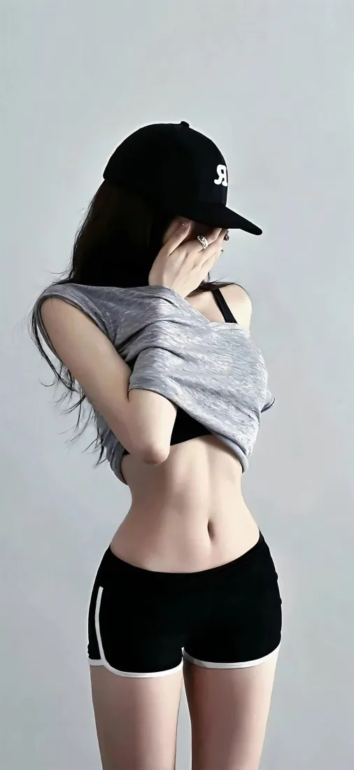 健身美女手机壁纸｜纯色背景图片 - 黑色棒球帽「哲风壁纸」