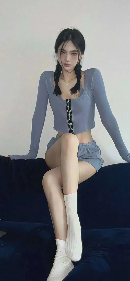 双麻花辫美女手机壁纸｜纯色背景图片 - 沙发休闲穿搭「哲风壁纸」