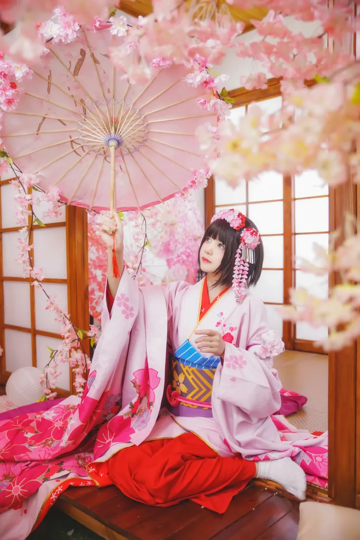 桜桃喵手机壁纸｜樱花背景图片 - 加藤惠和服cosplay「哲风壁纸」