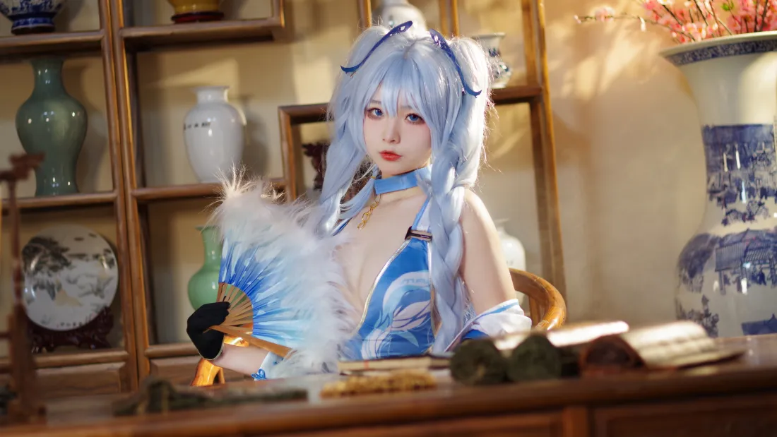 6k蓝发少女cos壁纸｜古风中式背景图片 - 青花瓷器「哲风壁纸」