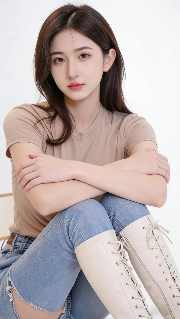 清纯美女手机壁纸｜纯色简约背景图片 - 休闲穿搭「哲风壁纸」