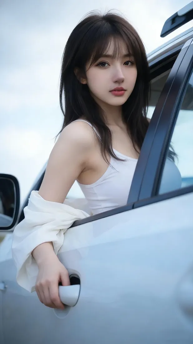 纯欲美女手机壁纸｜清新背景图片 - 白色轿车「哲风壁纸」