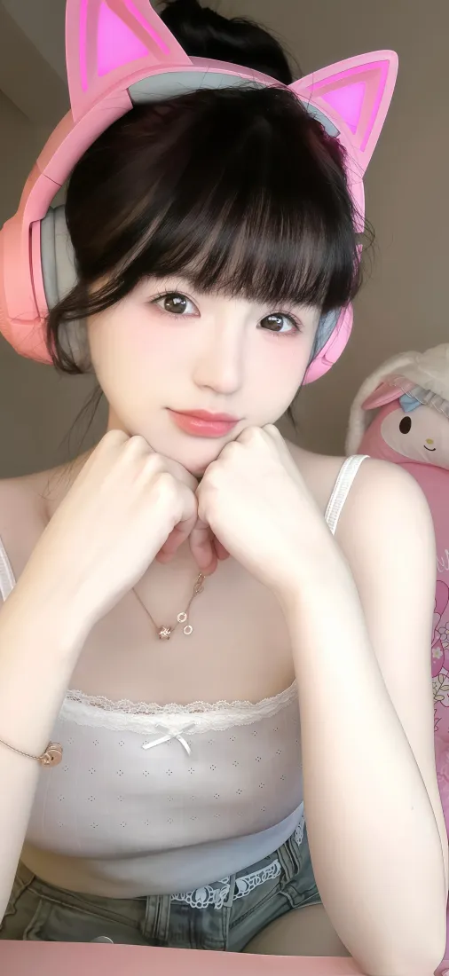 猫耳耳机少女手机壁纸｜甜美背景图片 - 软萌美女「哲风壁纸」