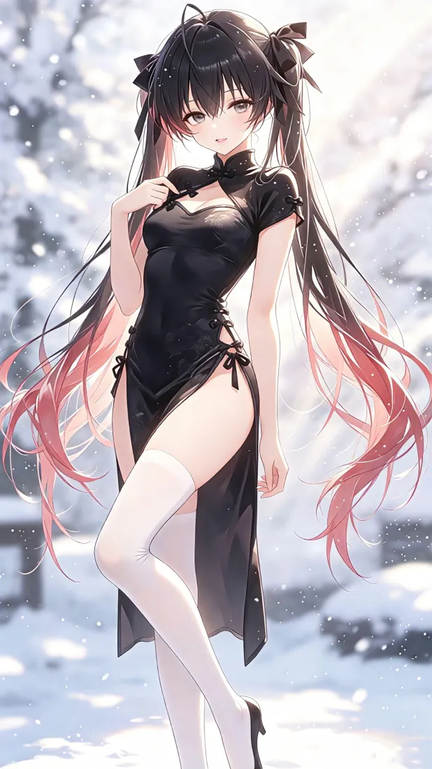 双马尾少女手机壁纸｜冬日雪地背景图片 - 黑色旗袍「哲风壁纸」