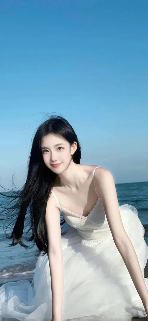 美女手机壁纸｜海边背景图片 - 清新白裙少女「哲风壁纸」