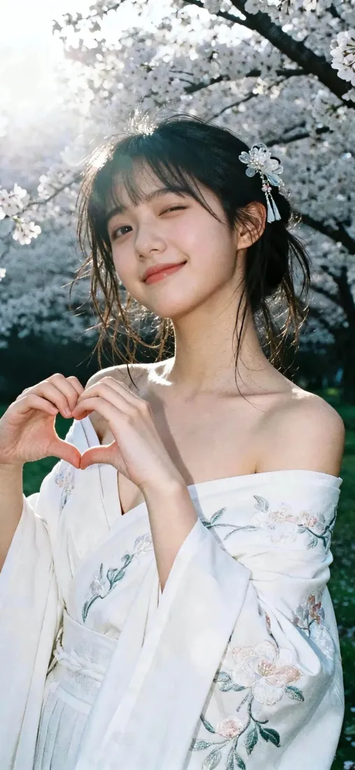 清纯美女手机壁纸｜樱花树下背景图片 - 甜系比心少女「哲风壁纸」
