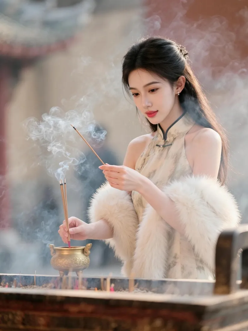 旗袍美女手机壁纸｜寺庙祈福背景图片 - 温柔气质「哲风壁纸」