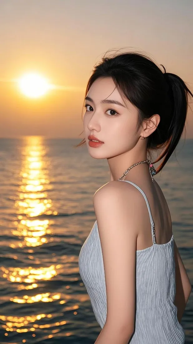 氛围感美女手机壁纸｜海边背景图片 - 落日余晖「哲风壁纸」