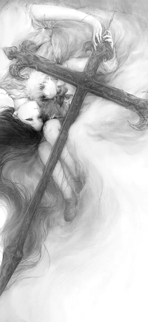 十字架手机壁纸｜素描背景图片 - 修女美女「哲风壁纸」