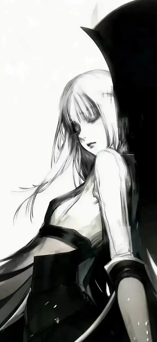 眼罩长发少女手机壁纸｜二次元背景图片 - 黑白手绘「哲风壁纸」