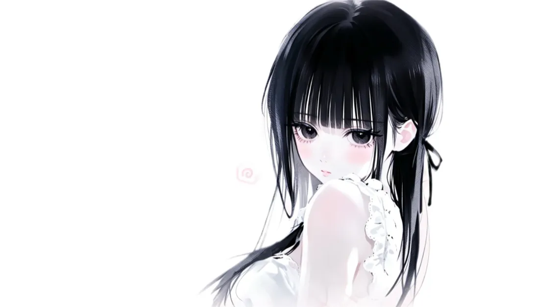 2k二次元黑发少女壁纸｜纯白背景图片 - 蝴蝶结日系插画「哲风壁纸」