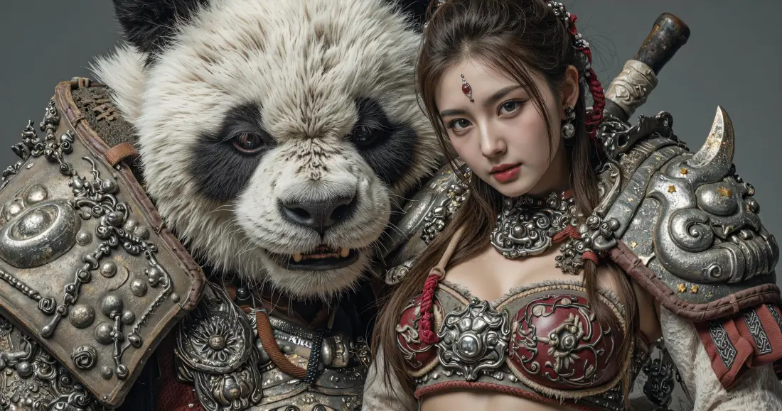 3k盔甲少女战甲熊猫壁纸｜玄幻国风背景图片 - 电脑桌面「哲风壁纸」
