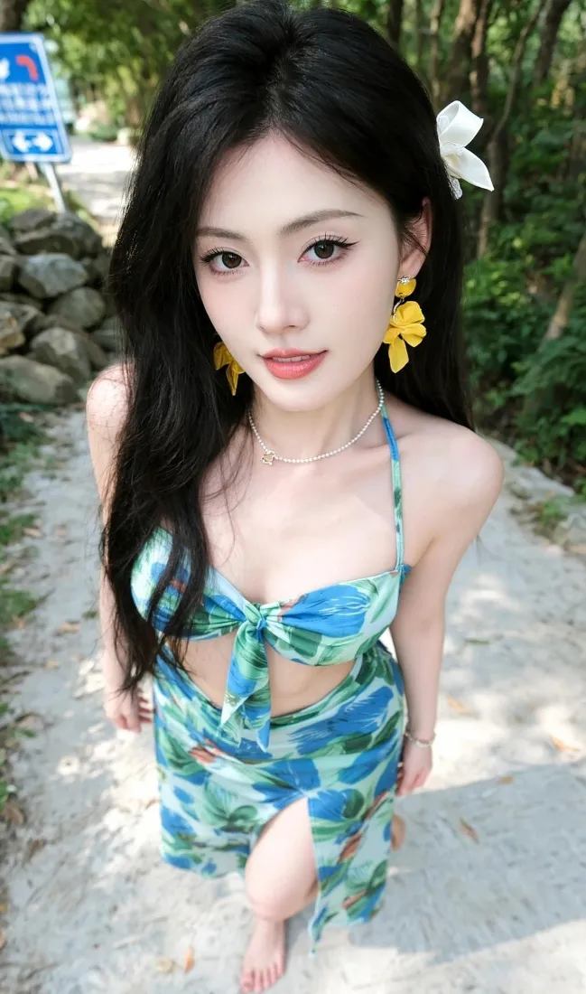 清纯美女手机壁纸｜林间小径背景图片 - 度假风清新穿搭「哲风壁纸」
