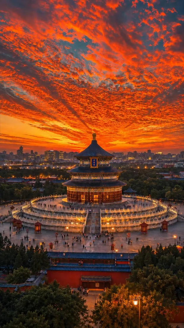 天坛手机壁纸｜火烧云落日背景图片 - 北京城市风景「哲风壁纸」