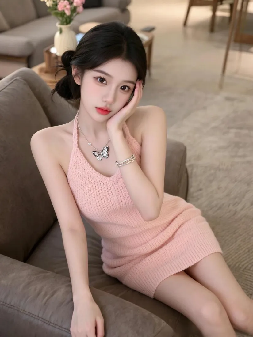 粉色挂脖裙美女手机壁纸｜居家沙发背景图片 - 氛围感写真「哲风壁纸」