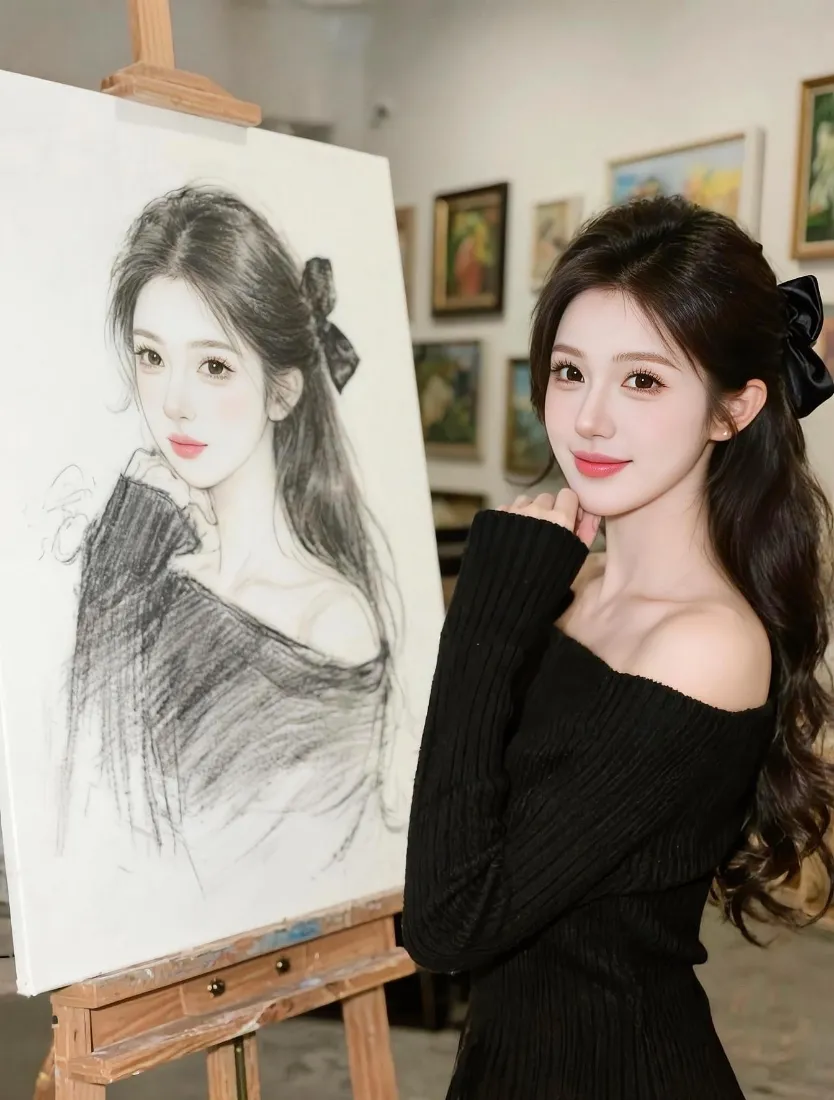 气质美女手机壁纸｜画室素描背景图片 - 黑裙蝴蝶结氛围感写真「哲风壁纸」