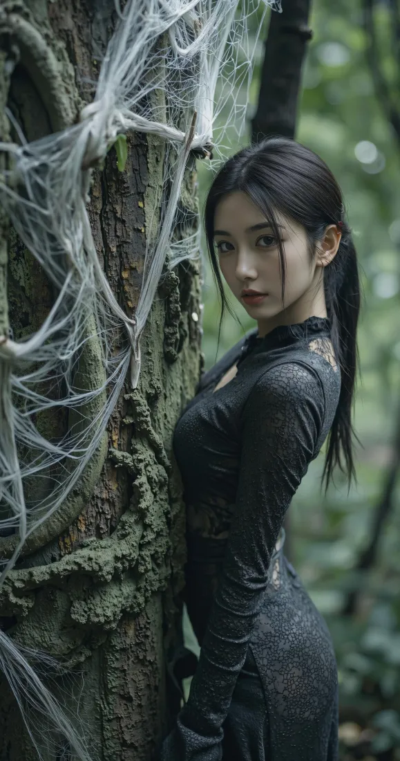 黑衣高马尾美女手机壁纸｜森林蛛网背景图片 - 清冷氛围感「哲风壁纸」