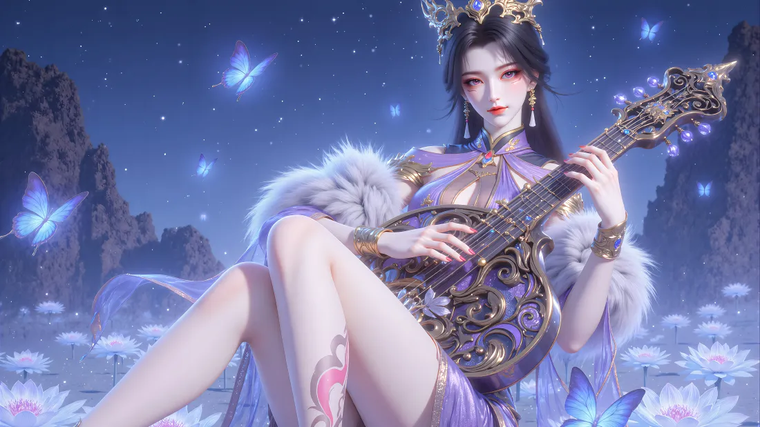 6k司妙玲壁纸｜紫衣抱琴星空背景图片 - 百炼成神国漫女神「哲风壁纸」