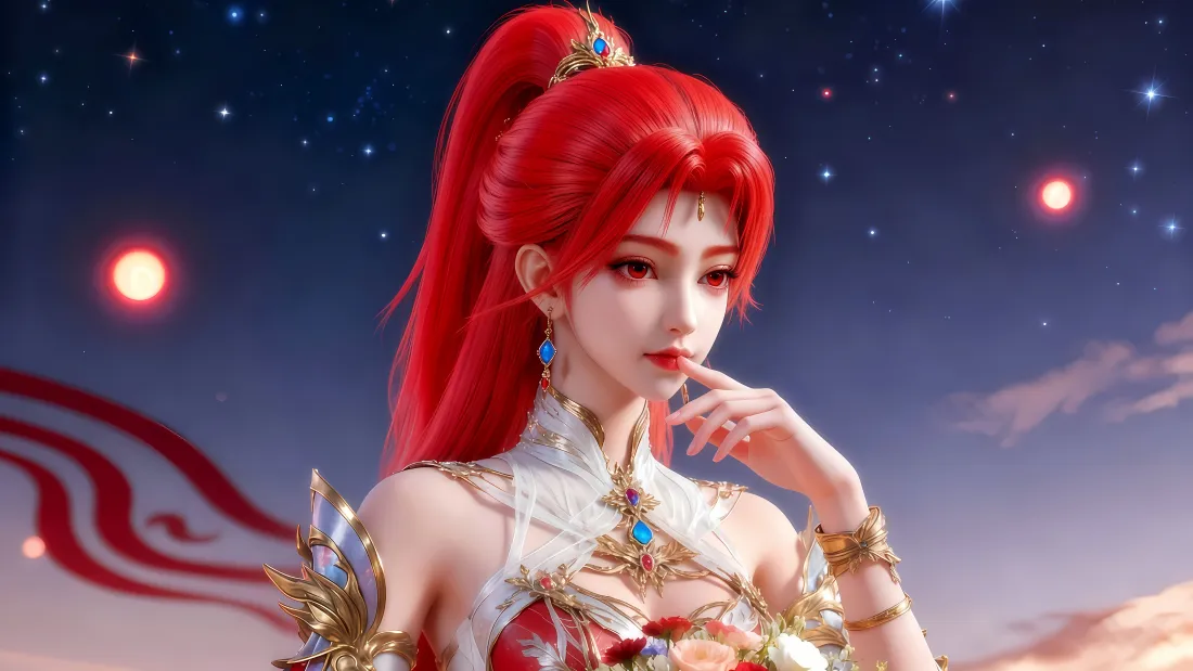 6k火允儿壁纸｜星空背景图片 - 百炼成神红发国漫女神「哲风壁纸」