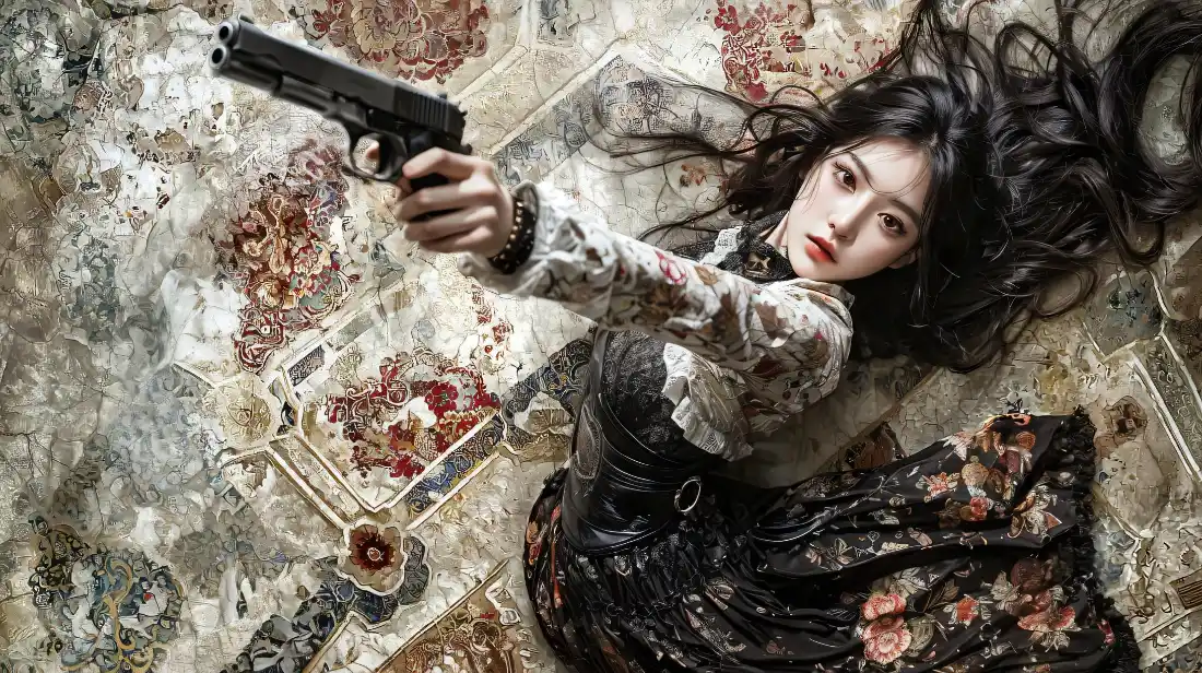 2k持枪少女壁纸｜复古碎花裙背景图片 - 氛围感人像写真「哲风壁纸」