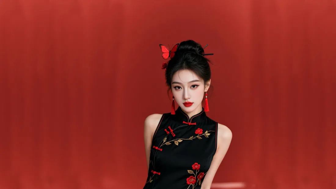 8k国风旗袍美女壁纸｜红色背景图片 - 新中式人像写真「哲风壁纸」